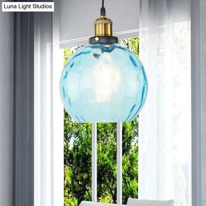 Industrial Globe Pendant Light with Blue Dimpled Glass Shade - 1 Light Ceiling Fixture for Living Room