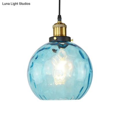 Industrial Globe Pendant Light with Blue Dimpled Glass Shade - 1 Light Ceiling Fixture for Living Room