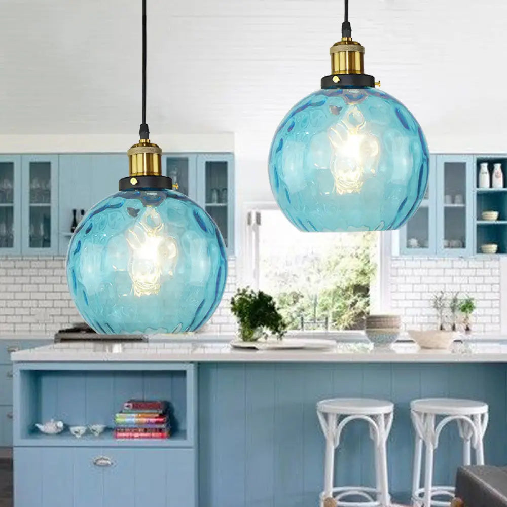 Industrial Globe Pendant Light with Blue Dimpled Glass Shade - 1 Light Ceiling Fixture for Living Room