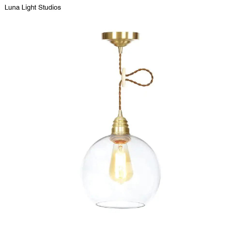 Industrial Globe Pendant Lighting - 1 Light, Clear Glass Hanging Lamp in Brass - 8"/10"/12" Wide