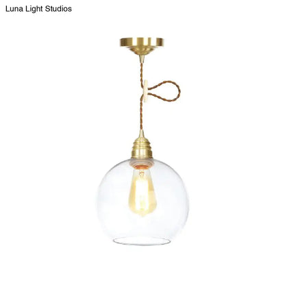 Industrial Globe Pendant Lighting - 1 Light, Clear Glass Hanging Lamp in Brass - 8"/10"/12" Wide