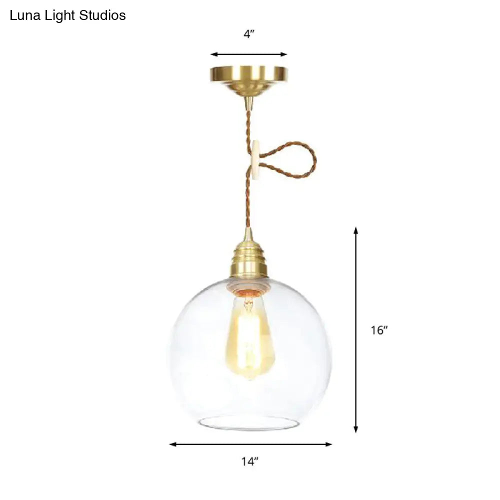 Industrial Globe Pendant Lighting - 1 Light, Clear Glass Hanging Lamp in Brass - 8"/10"/12" Wide