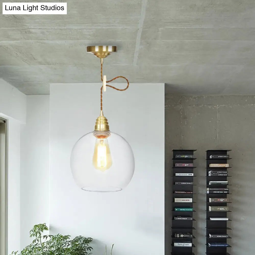 Industrial Globe Pendant Lighting - 1 Light, Clear Glass Hanging Lamp in Brass - 8"/10"/12" Wide