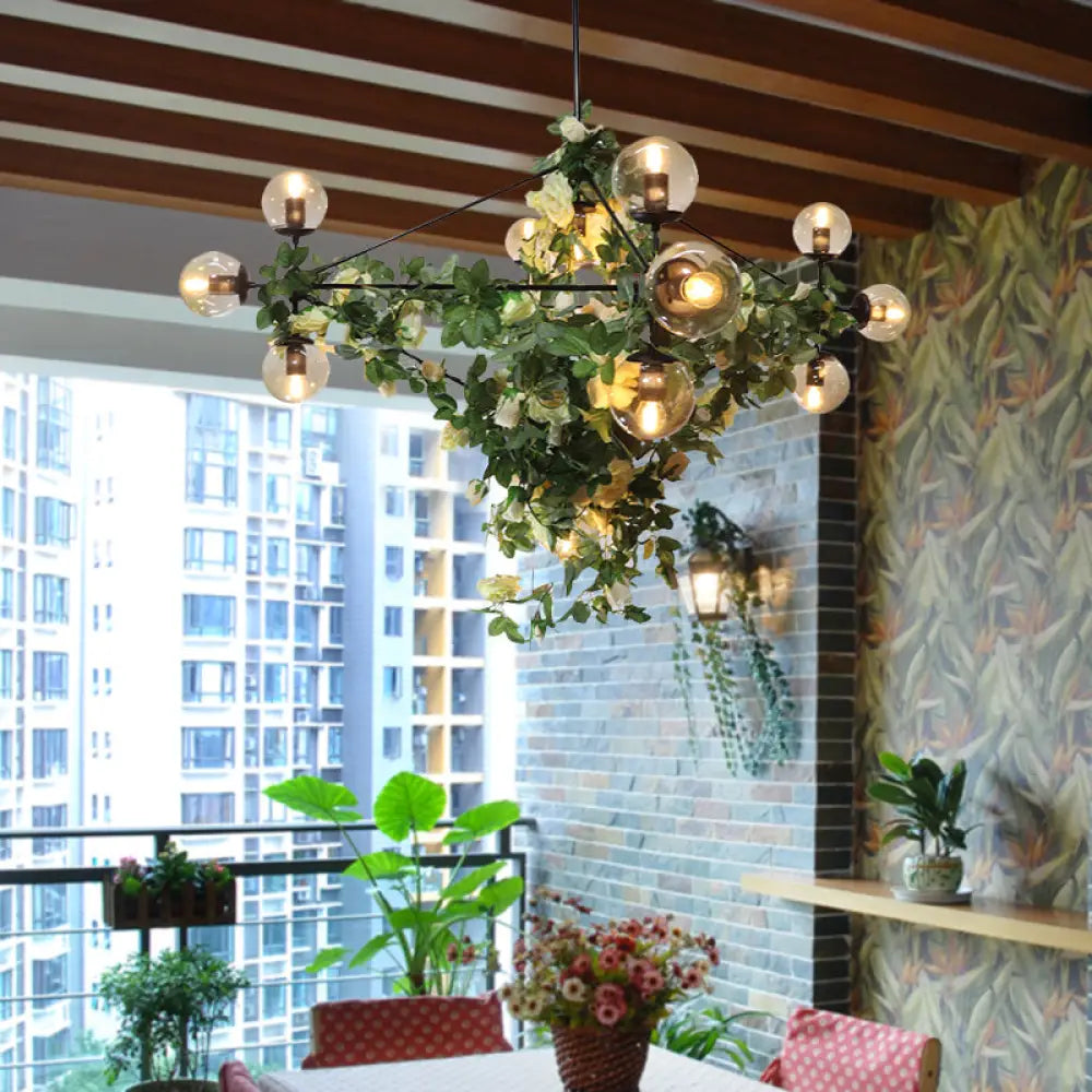 DecorBites™ Industrial Globe Smoke Gray Glass Hanging Light with Geometric Cage, 10/14-Bulb Island Pendant in Black