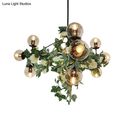 DecorBites™ Industrial Globe Smoke Gray Glass Hanging Light with Geometric Cage, 10/14-Bulb Island Pendant in Black