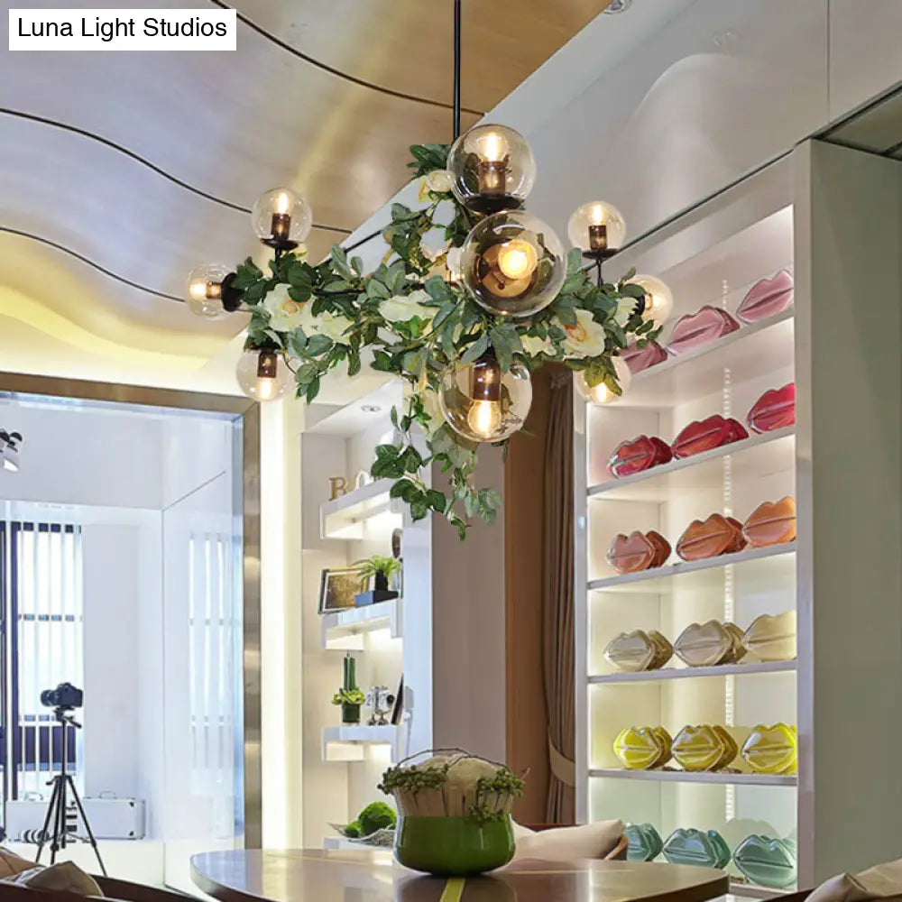 DecorBites™ Industrial Globe Smoke Gray Glass Hanging Light with Geometric Cage, 10/14-Bulb Island Pendant in Black