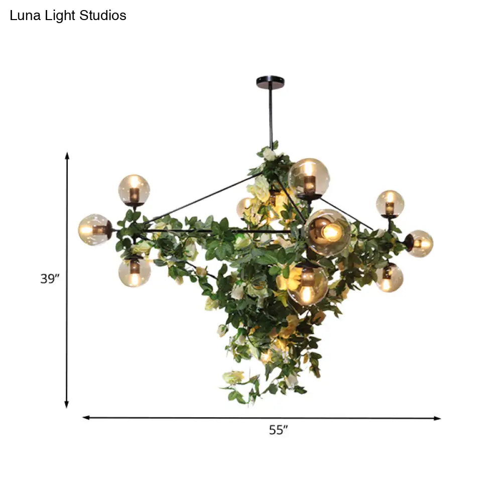 DecorBites™ Industrial Globe Smoke Gray Glass Hanging Light with Geometric Cage, 10/14-Bulb Island Pendant in Black