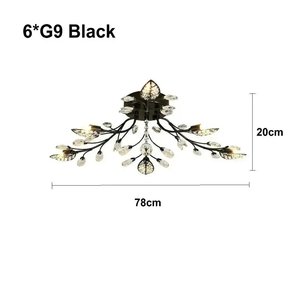 Black wrought iron industrial gold crystal leaf led ceiling light fixture with six g9 bulbs and delicate embellishments
