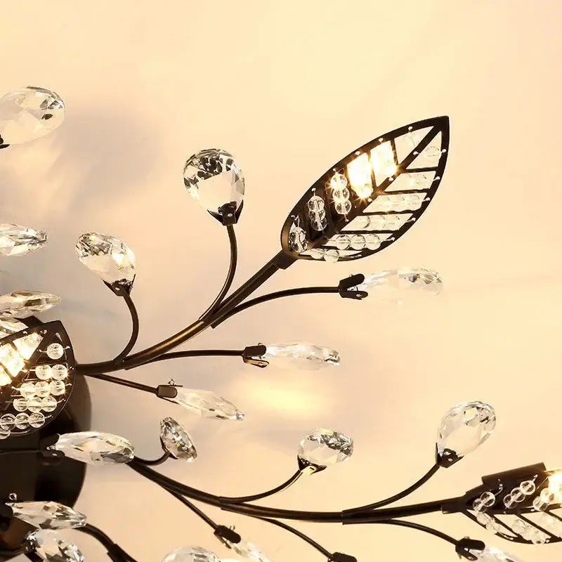 Black metal crystal leaf led ceiling light fixture with gold accents for industrial decorbites crystal leaf living room