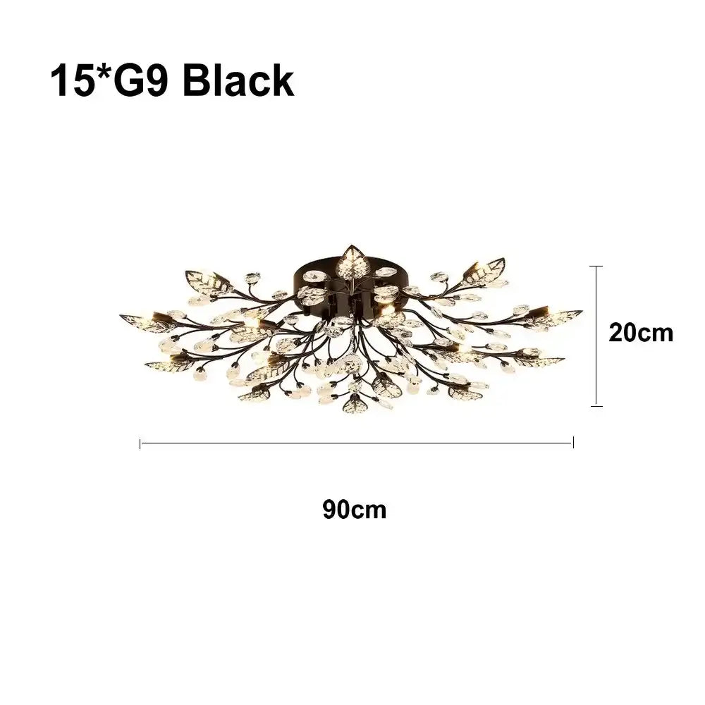 Black metal leaf led ceiling light fixture with crystal decorbites crystal leaf design and 15 g9 bulb setup