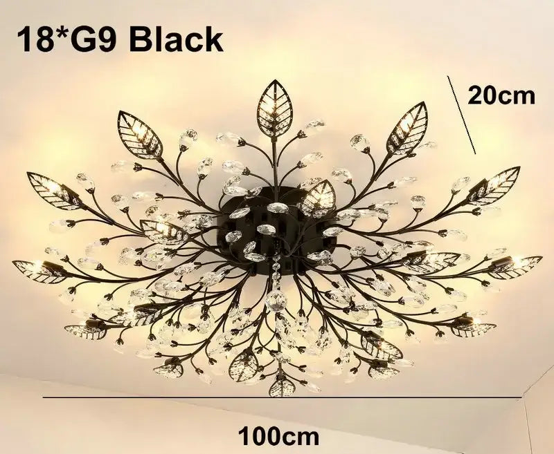 Black wrought iron leaf led ceiling light fixture with crystal accents for living room decorbites crystal leaf design