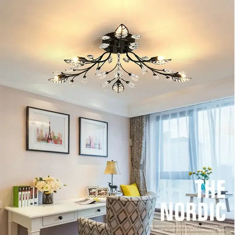 Black wrought iron industrial gold crystal leaf led ceiling light fixture with crystal leaf decorbites design