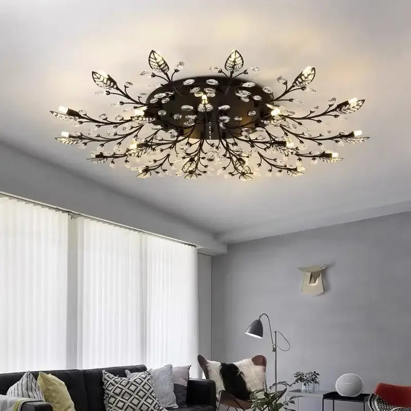 Black wrought iron leaf led ceiling light with crystal accents and decorbites crystal leaf design for living room decor