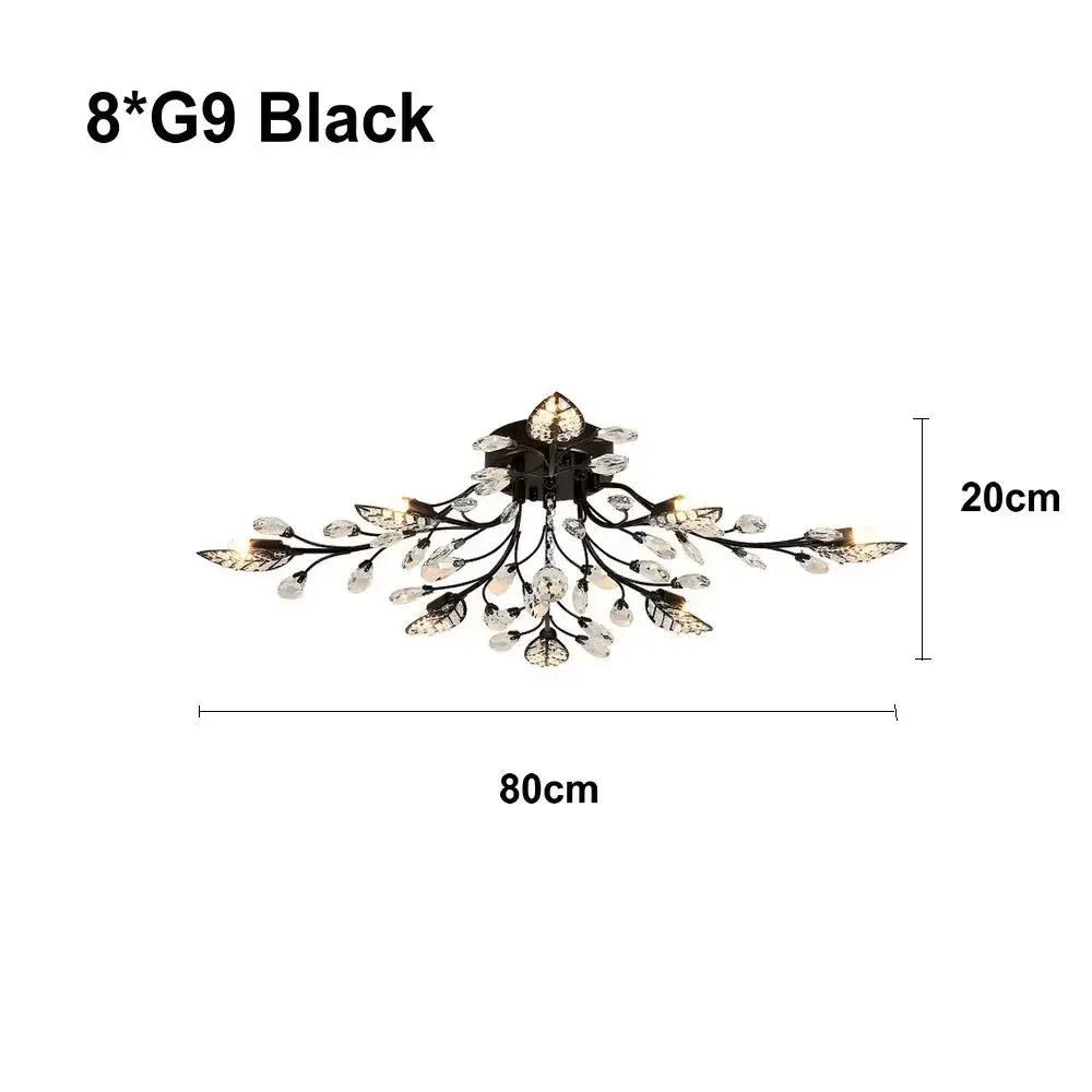 Black leaf-themed ceiling light fixture with crystal accents and eight g9 bulbs for leaf led ceiling decorbites crystal leaf