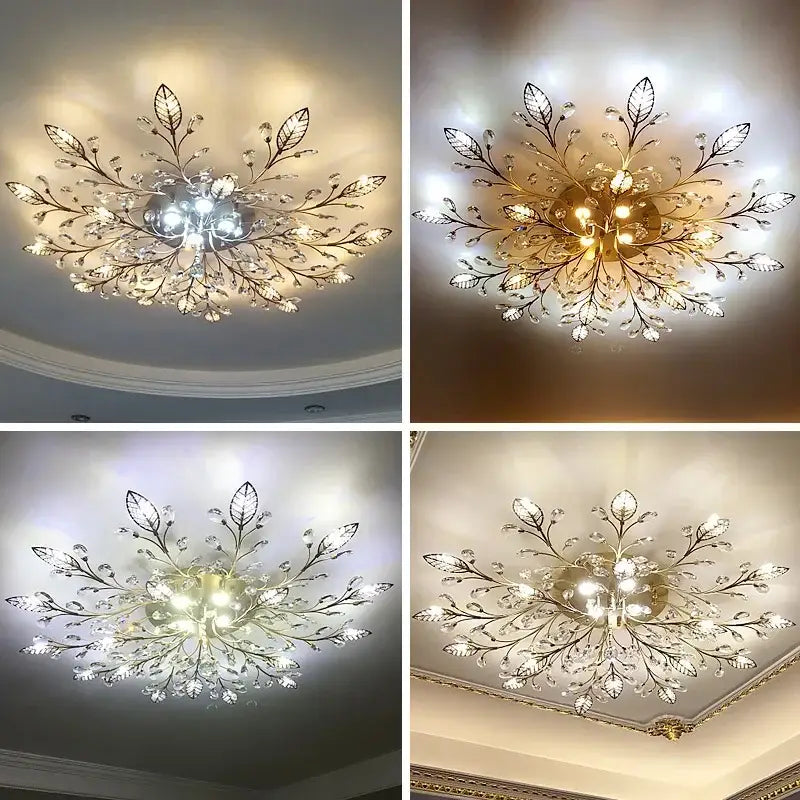 Industrial gold crystal leaf led ceiling light with metallic branch design and clear crystal accents for living room decorbites crystal leaf