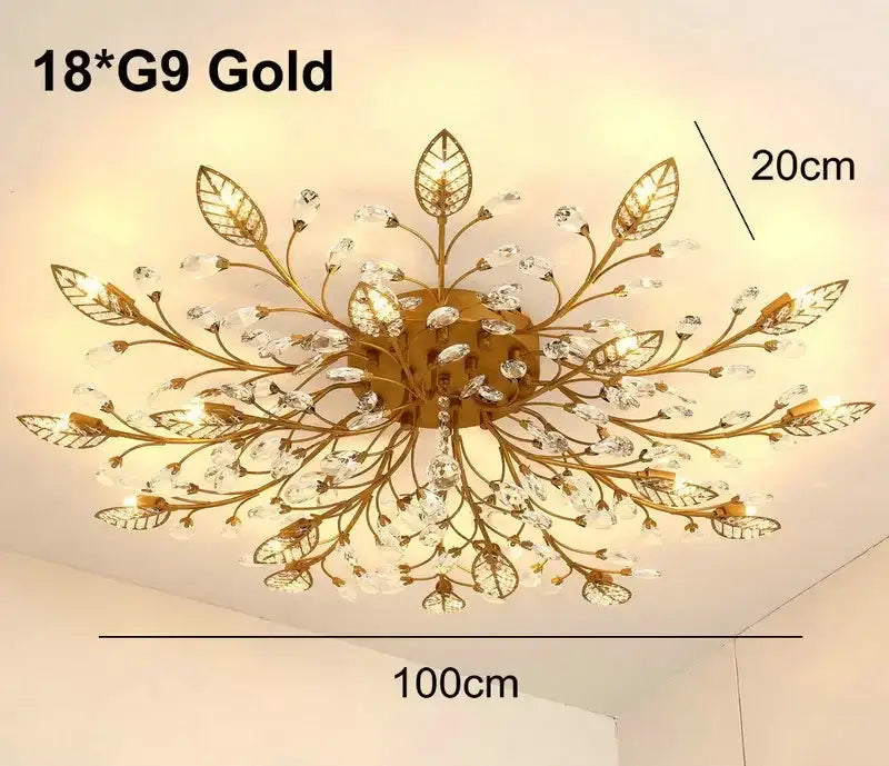 Industrial gold crystal leaf led ceiling light featuring gold leaf pattern and clear crystal accents for living room decorbites crystal leaf