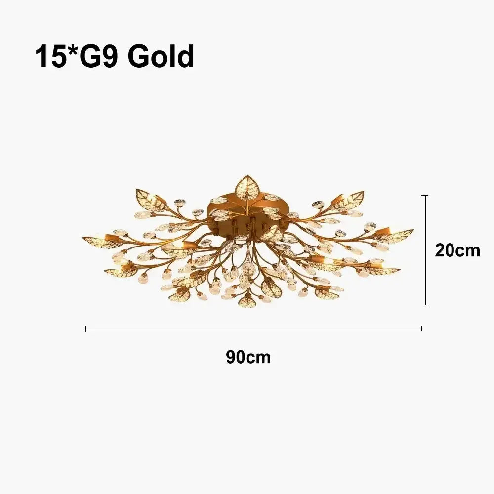 Gold-toned industrial gold crystal leaf led ceiling light with intricate leaf led ceiling and crystal designs for living room decorbites