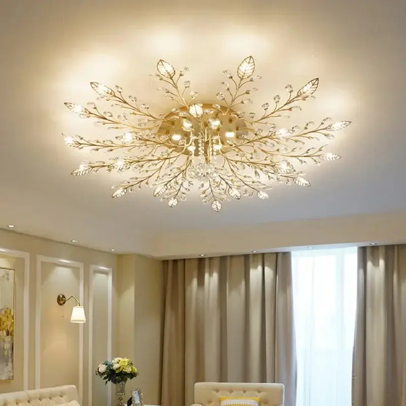 Industrial gold crystal leaf led ceiling light featuring intricate gold-toned leaf design with clear crystals for living room decorbites crystal leaf
