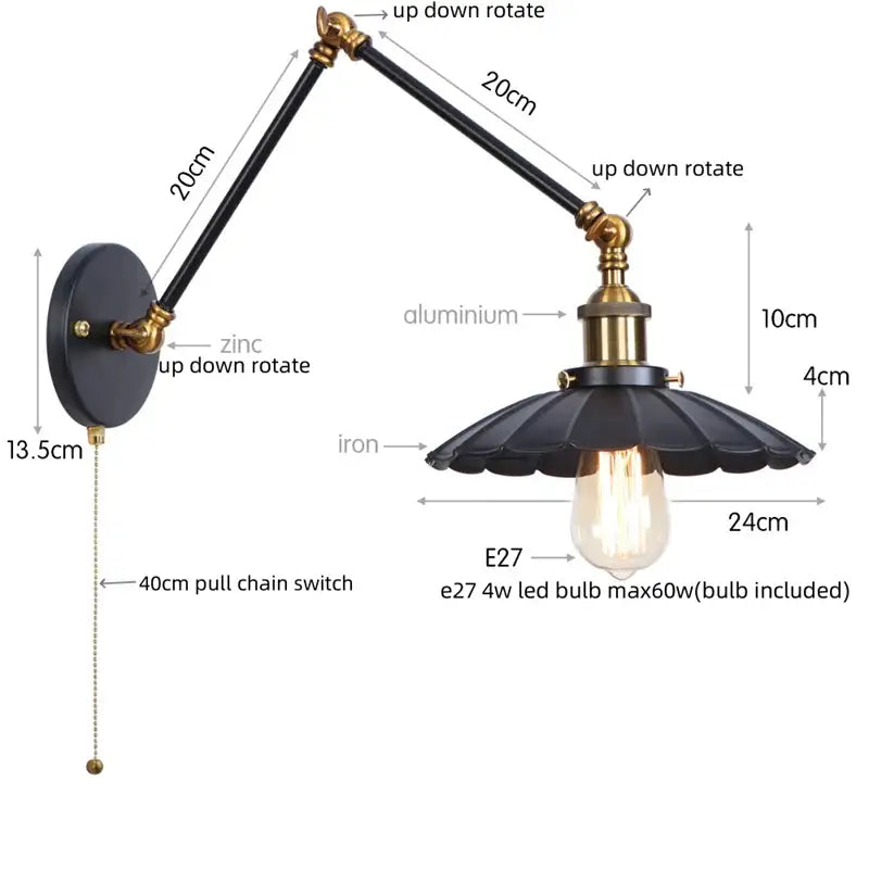Black iron and brass industrial gold wall lamp with fluted shade and pull chain switch for bedroom use