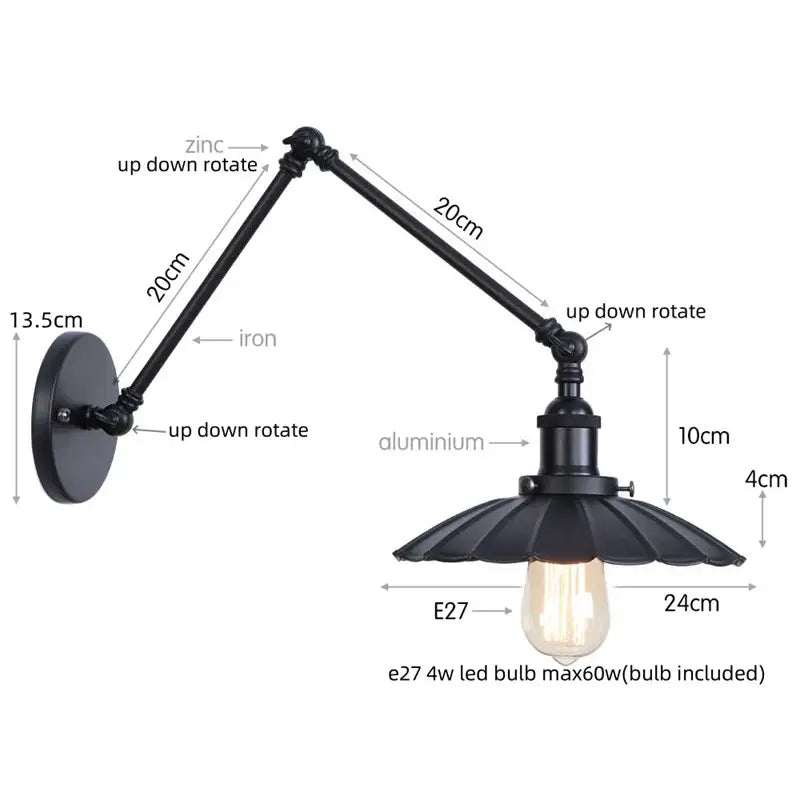 Black industrial wall lamp with adjustable arms, fluted shade, and pull chain switch for bedroom use