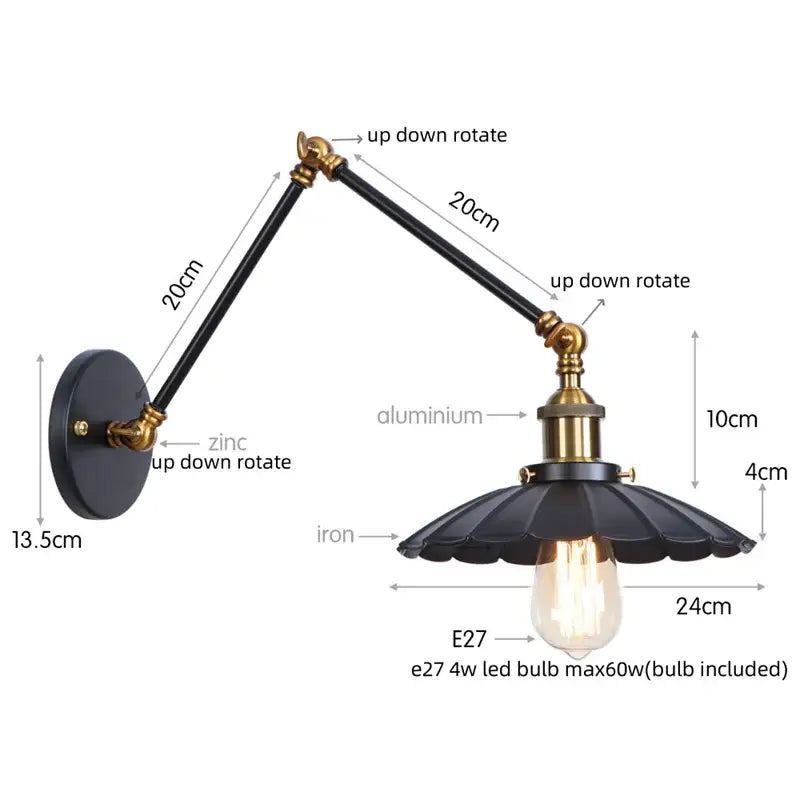 Industrial gold fluted wall lamp with black brass accents and adjustable arms featuring pull chain switch for bedroom use