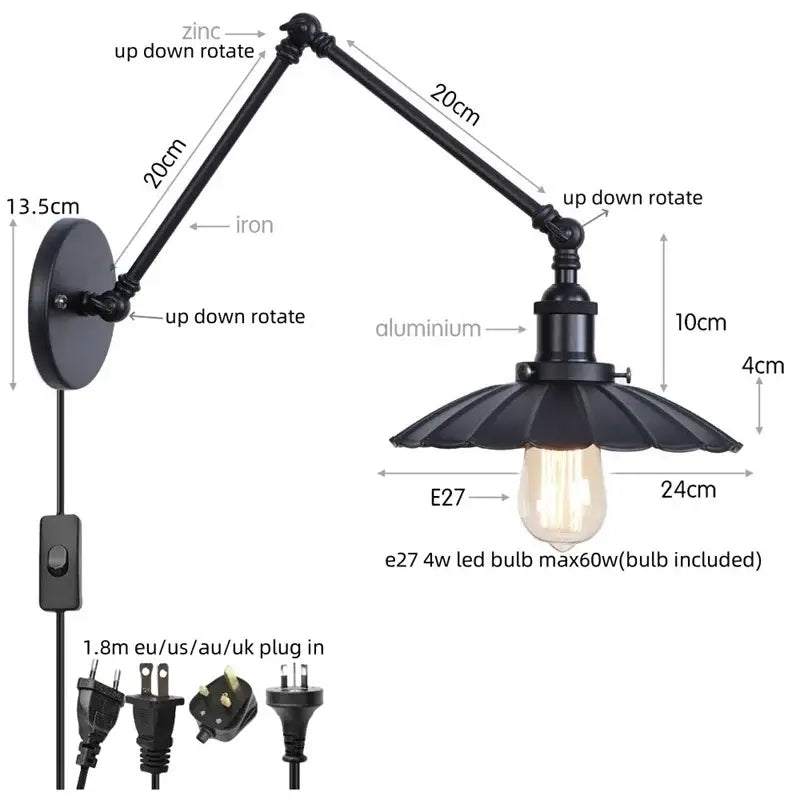 Black industrial-style wall lamp with adjustable arms, fluted shade, and pull chain switch for bedroom use