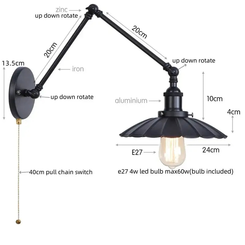 Black industrial wall lamp with adjustable arms, gold fluted shade, and pull chain switch for bedroom sconce lighting