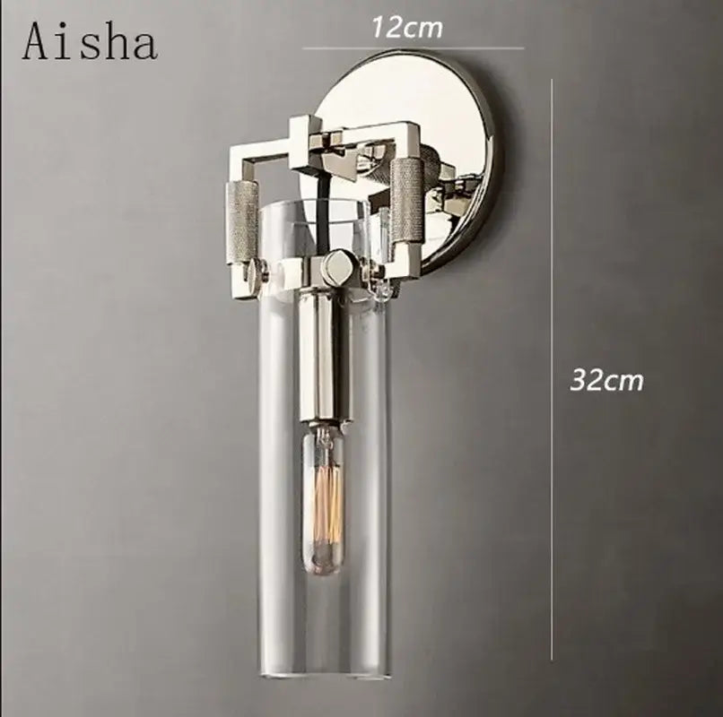 Aisha brand wall lamp with chrome metal frame and clear glass shade featuring exposed filament bulb for decorbites industrial glass wall decor