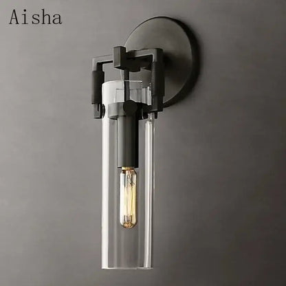 Industrial gold glass wall lamp bedroom sconce with matte black metal frame and clear glass shade decorbites industrial glass