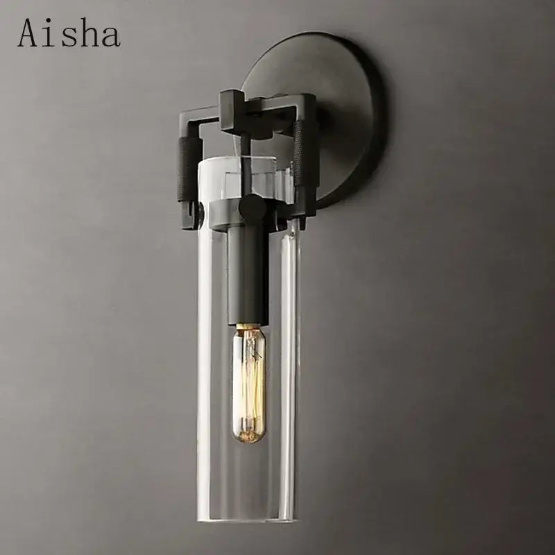 Industrial gold glass wall lamp bedroom sconce with matte black metal frame and clear glass shade decorbites industrial glass