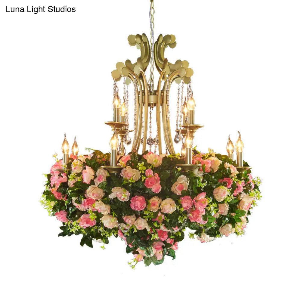 Industrial Gold Metal Flower Chandelier with Crystal Drop - 12 Light Candle Pendant