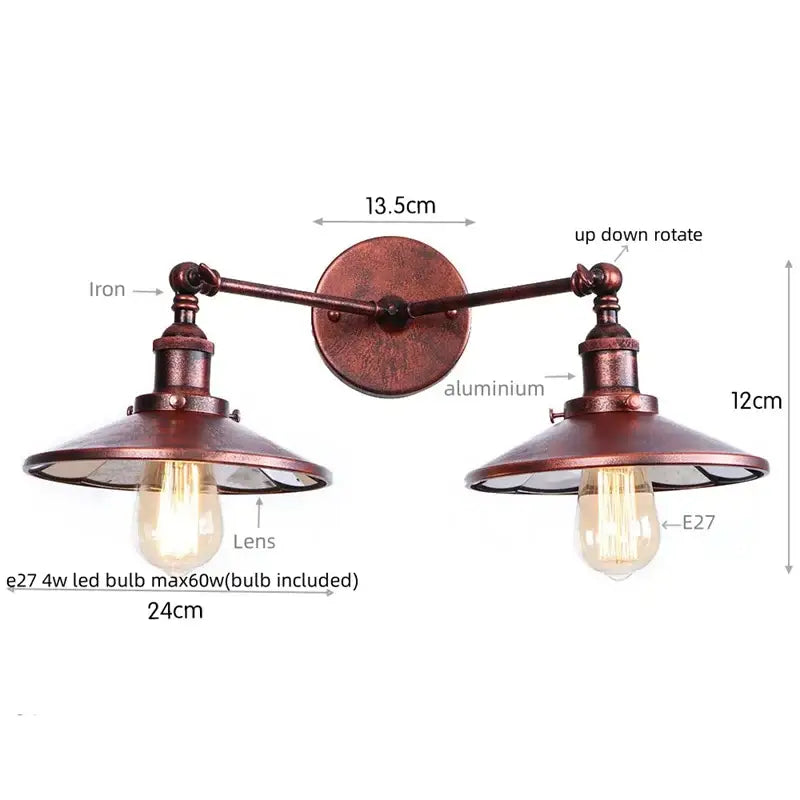Industrial led wall light featuring vintage copper-toned double arm sconce with adjustable arms and exposed edison bulbs