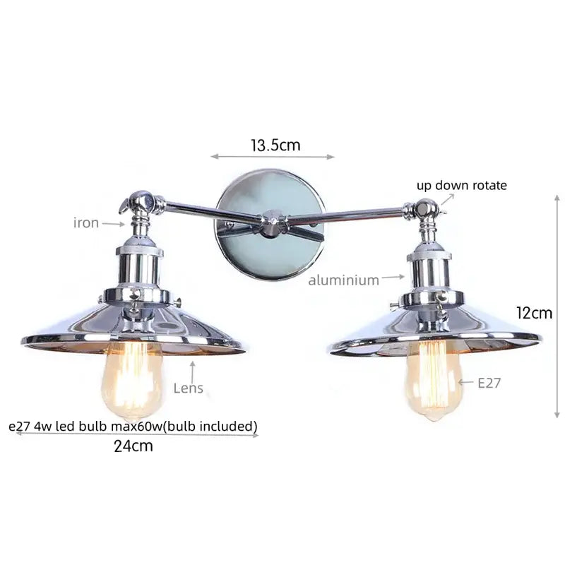 Industrial gold vintage led wall lights with chrome finish and two adjustable arms featuring Edison bulb fixtures