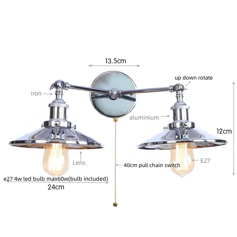 Industrial gold vintage led wall lights featuring a chrome finished double arm wall sconce with vintage edison bulbs