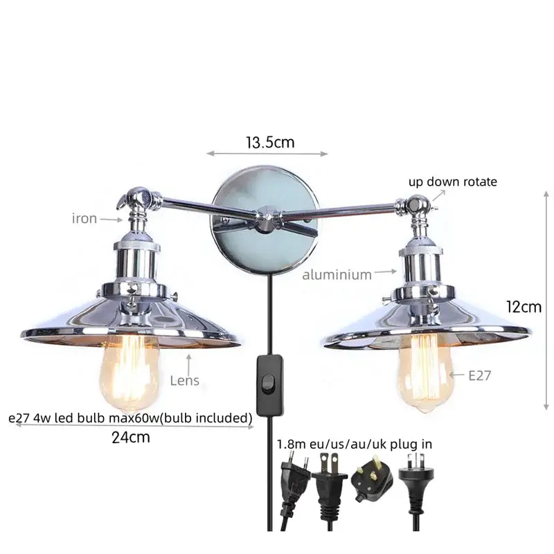 Chrome-finished industrial led wall sconce with two adjustable arms and vintage edison bulbs for bedroom wall lights decorbites gold vintage