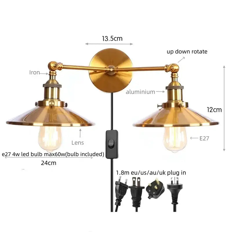 Brass-finished industrial led wall double-arm sconce with adjustable rotation and E27 led bulbs for decorbites gold vintage decor
