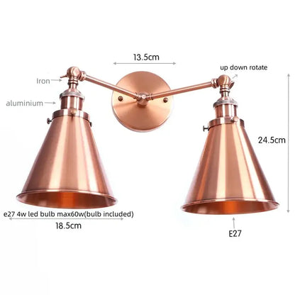 Copper-finished industrial led wall double arm sconce with adjustable arms and conical shades for decorbites gold vintage wall lights