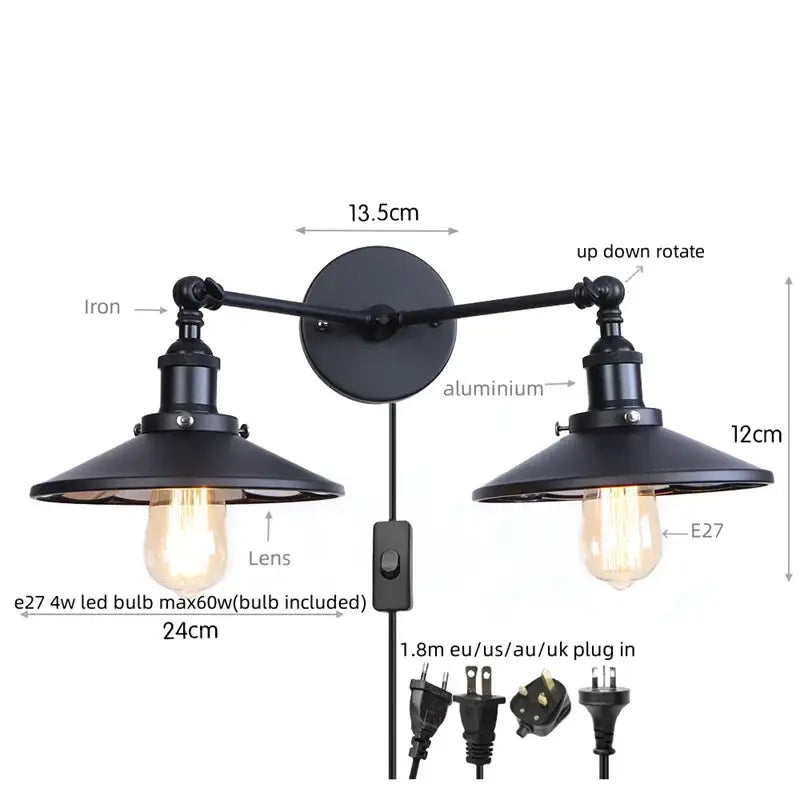 Black industrial led wall lights with dual adjustable arms and vintage edison bulb sockets from decorbites gold vintage collection