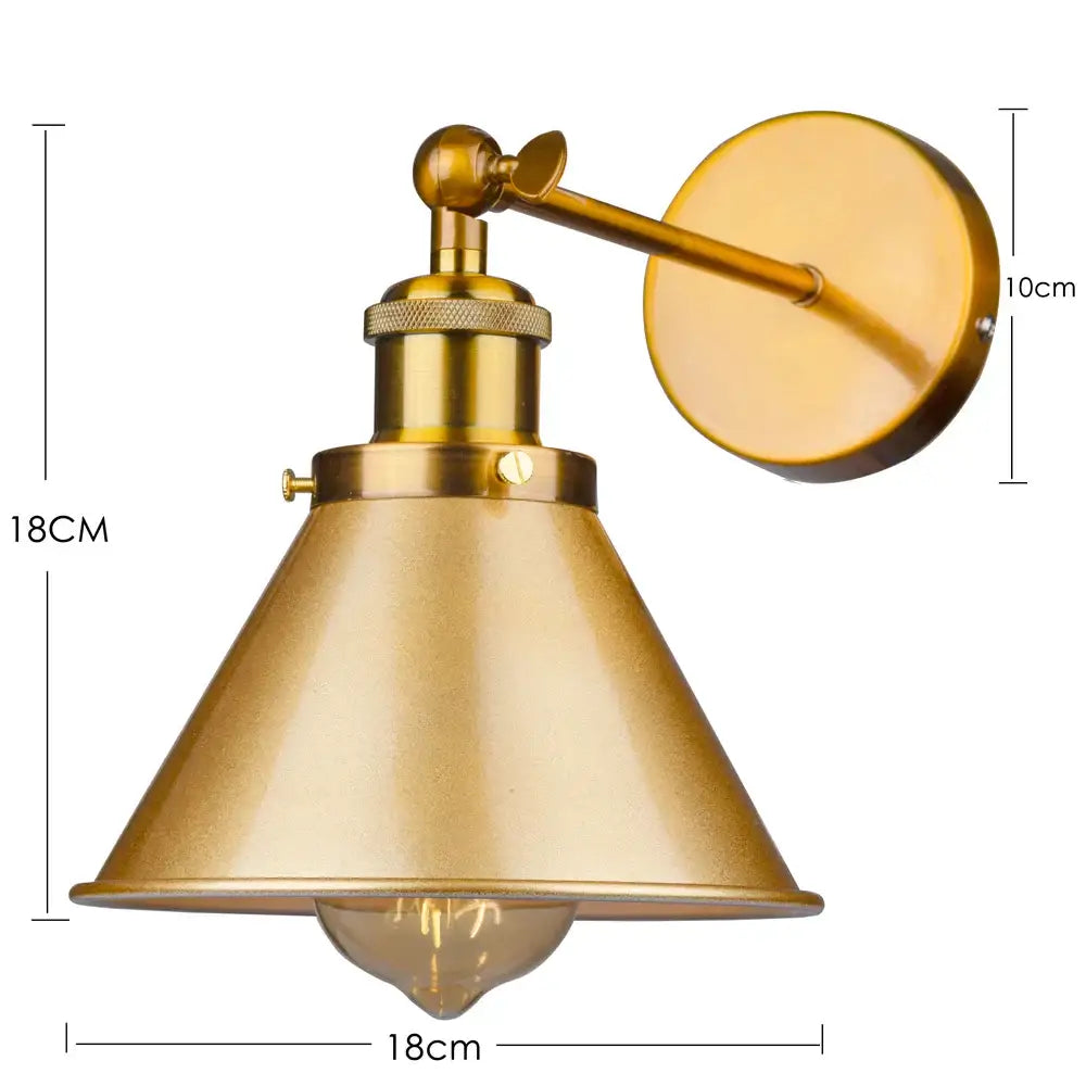 Brass-finished industrial gold wall lamp with conical shade and adjustable arm for decorbites industrial gold bedroom sconce
