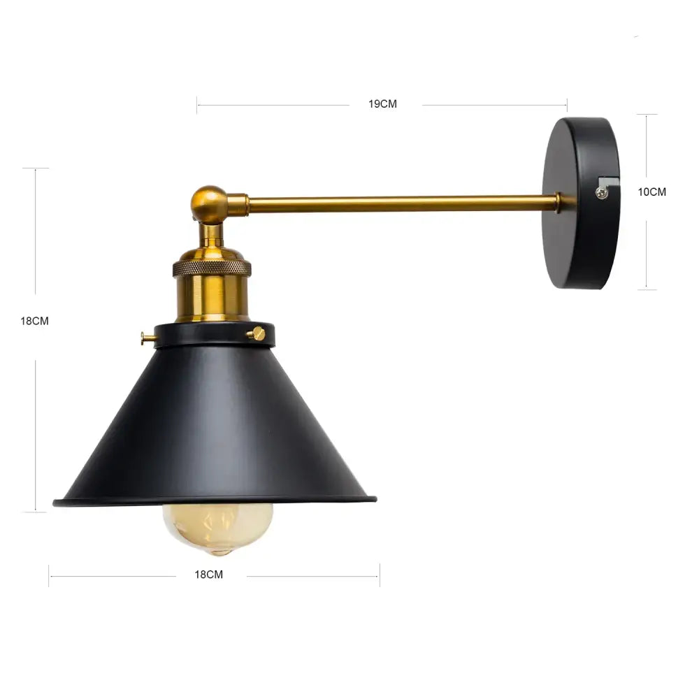 Industrial gold wall lamp with matte black conical shade and brass-finished adjustable arm for decorbites industrial gold style