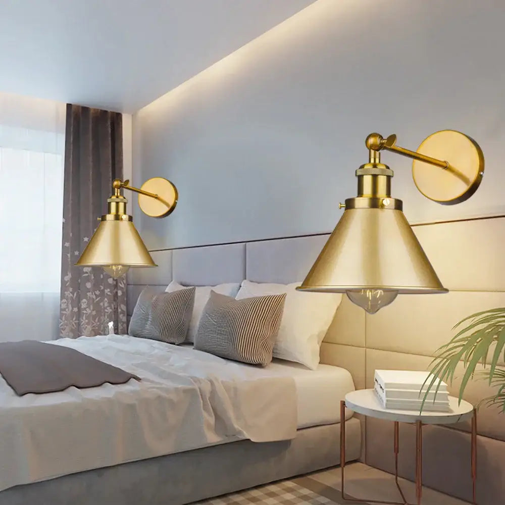 Brass-finished industrial gold wall lamp with conical shades and adjustable arms for decorbites industrial gold wall decor