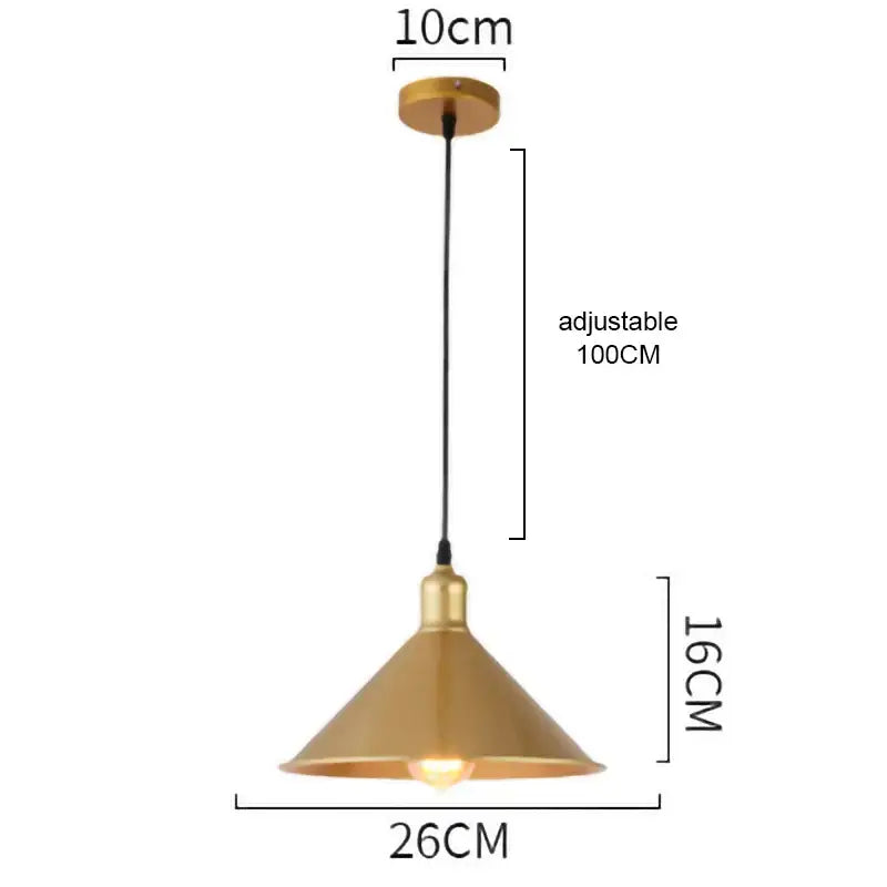 Brass-colored conical pendant light with 10cm ceiling mount and adjustable black cord decorbites gold wrought iron decor