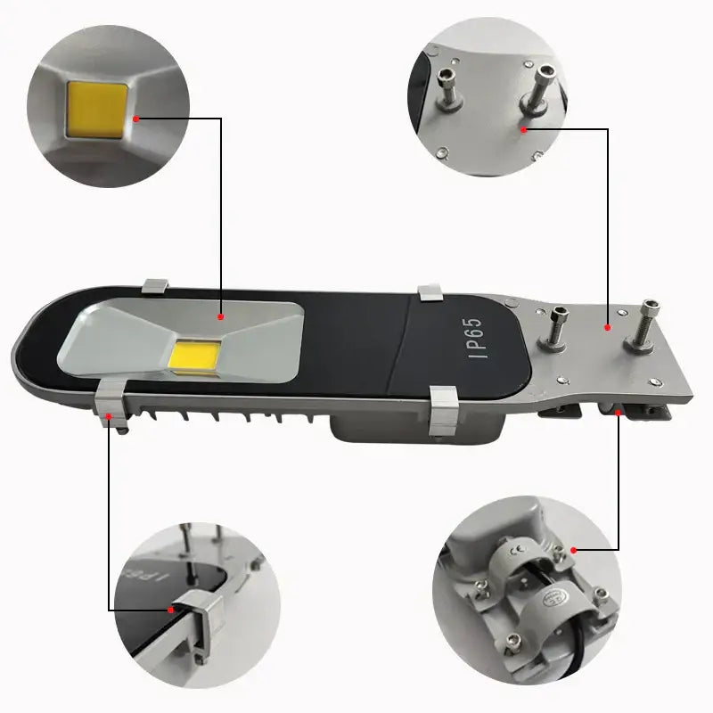 Industrial gray and black 20w cob led street light with silver and black ip65 weather-resistant body and yellow illuminated panel