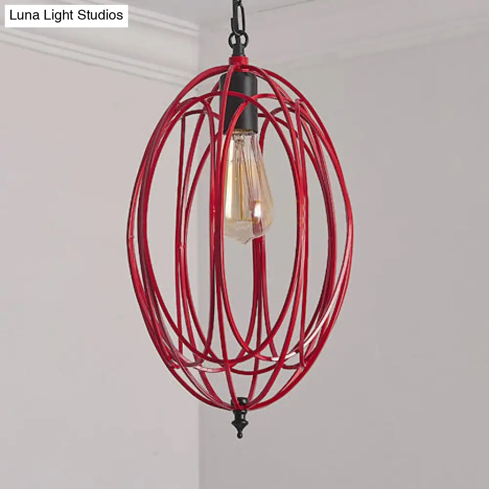 Industrial Gray/Red Oval Cage Hanging Pendant Light with Adjustable Chain - 1 Bulb - Ideal for Restaurants, Metallic Design