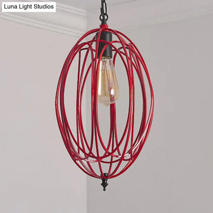 Industrial Gray/Red Oval Cage Hanging Pendant Light with Adjustable Chain - 1 Bulb - Ideal for Restaurants, Metallic Design