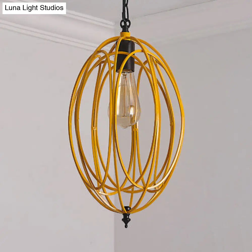 Industrial Gray/Red Oval Cage Hanging Pendant Light with Adjustable Chain - 1 Bulb - Ideal for Restaurants, Metallic Design