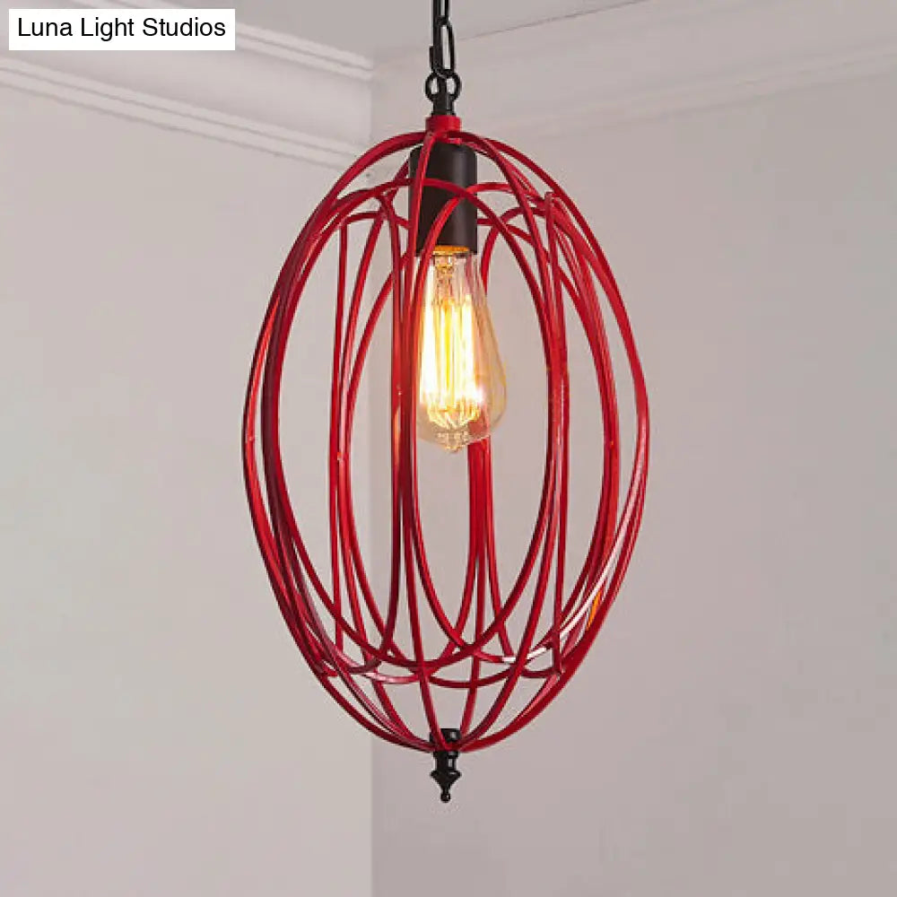 Industrial Gray/Red Oval Cage Hanging Pendant Light with Adjustable Chain - 1 Bulb - Ideal for Restaurants, Metallic Design