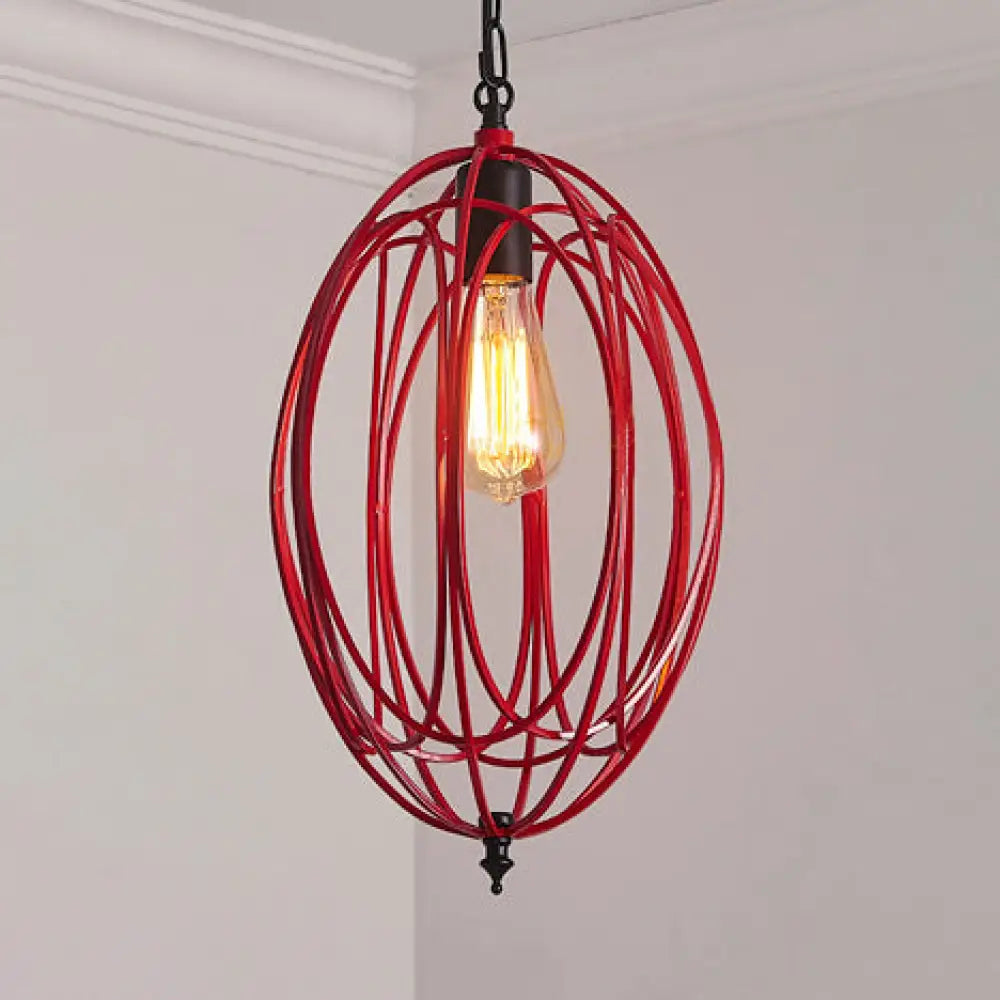 Industrial Gray/Red Oval Cage Hanging Pendant Light with Adjustable Chain - 1 Bulb - Ideal for Restaurants, Metallic Design