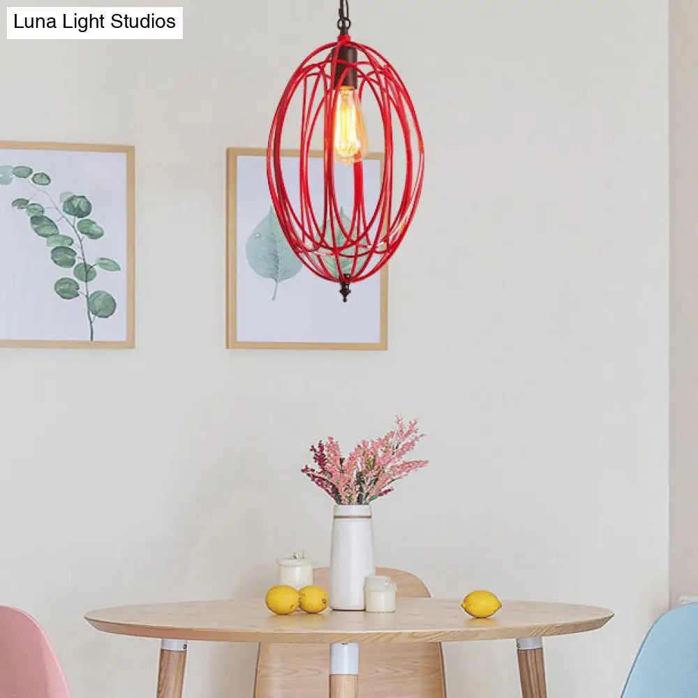 Industrial Gray/Red Oval Cage Hanging Pendant Light with Adjustable Chain - 1 Bulb - Ideal for Restaurants, Metallic Design