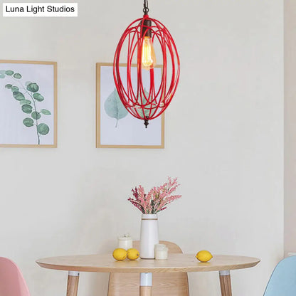 Industrial Gray/Red Oval Cage Hanging Pendant Light with Adjustable Chain - 1 Bulb - Ideal for Restaurants, Metallic Design